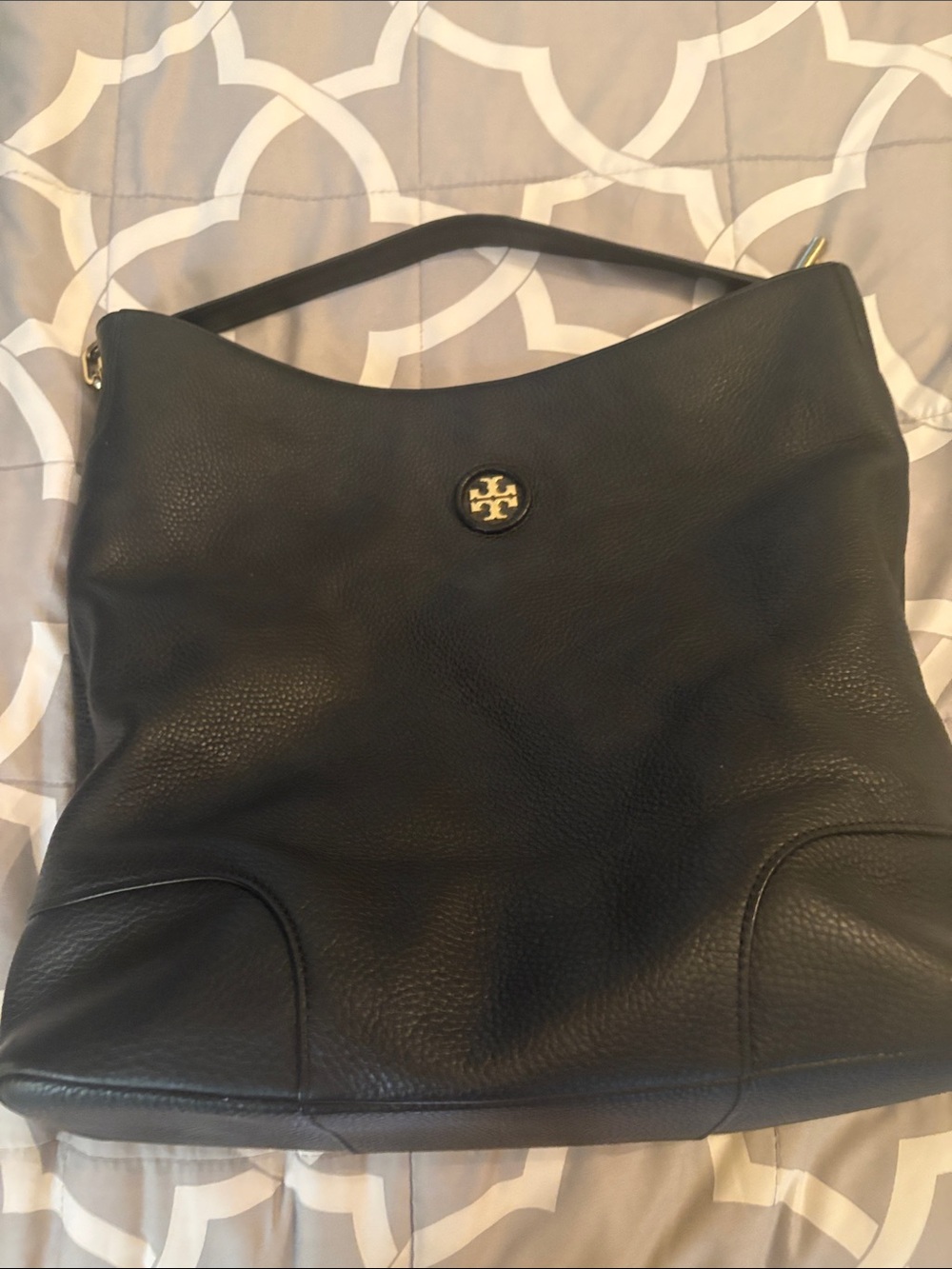 Tory Burch Black Pebbled Leather Shoulder Hobo with Gold Logo